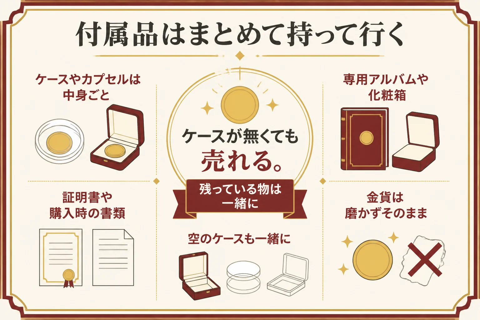 ケースや付属品と一緒に金貨を売る時の準備