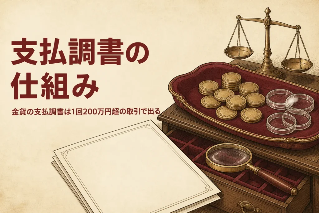 金貨の支払調書の仕組みを表すアイキャッチ