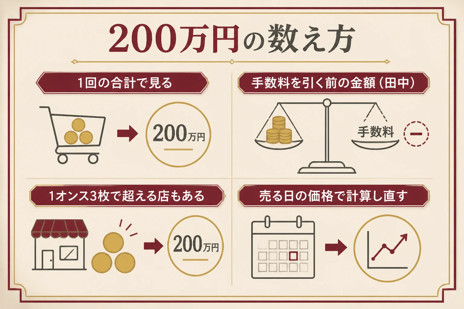 金貨の支払調書が出る200万円の数え方の図解
