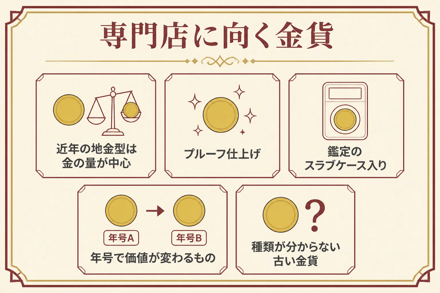 専門店に向く金貨と地金型の金貨の見分け方の図