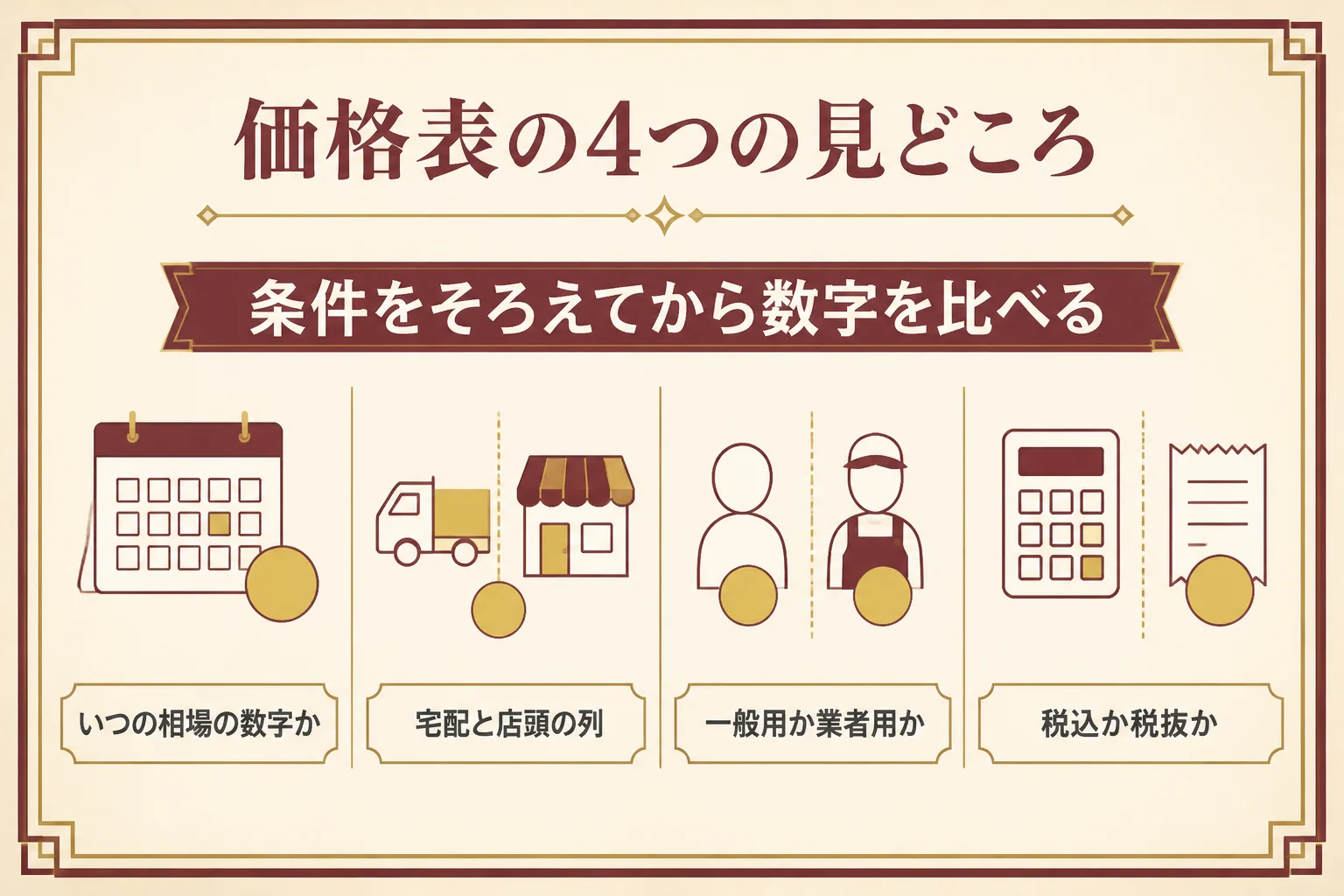 金貨の専門店の価格表で見るところをまとめた図