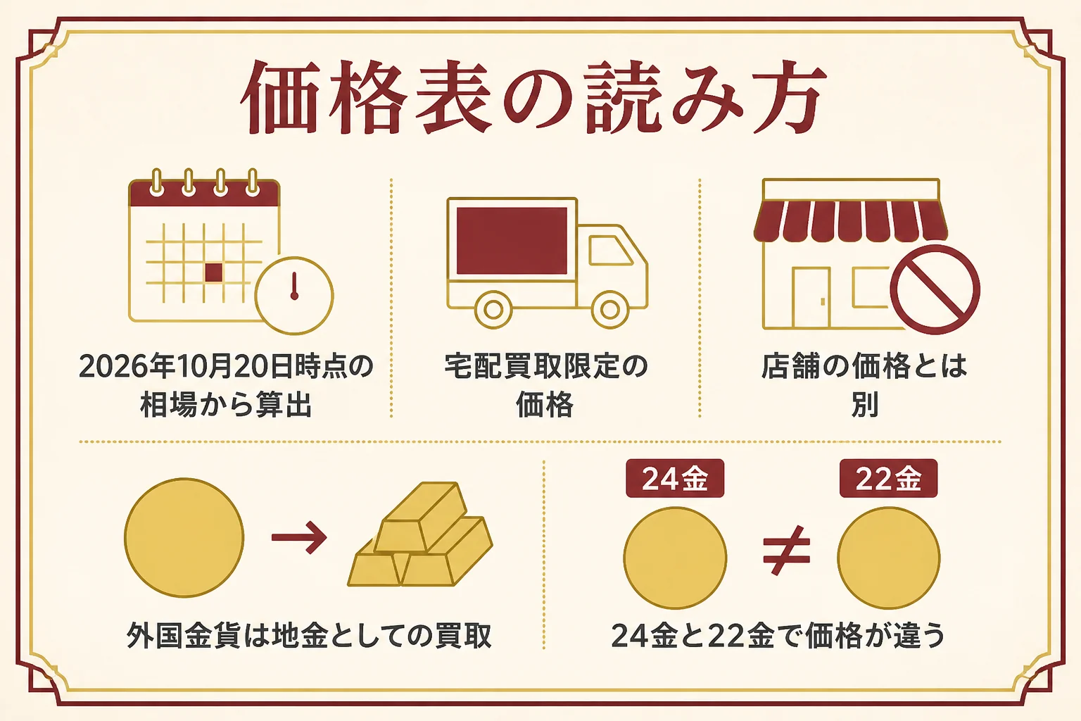 大黒屋の外国金貨の価格表を読む時のポイントの図解