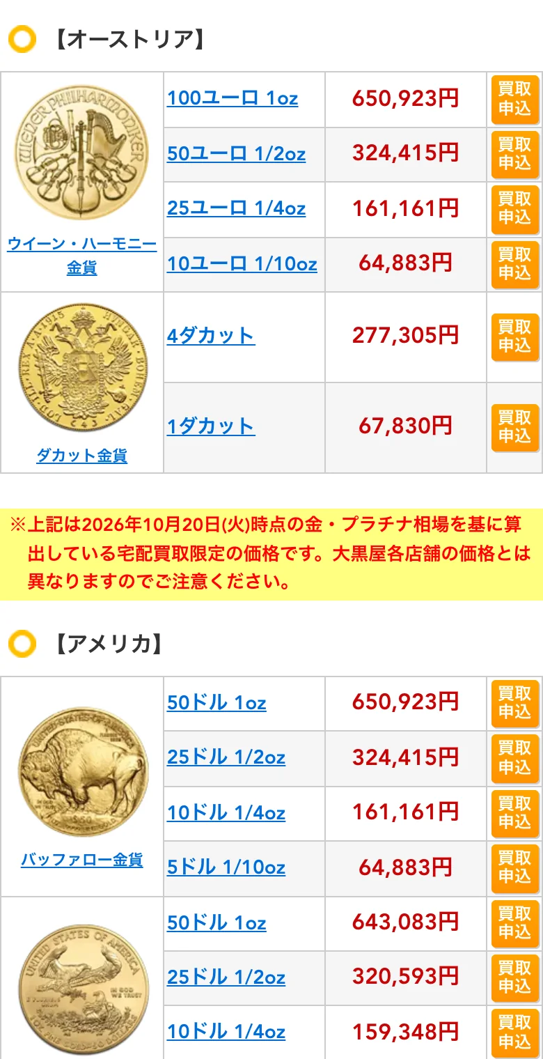 大黒屋の外国金貨価格表(宅配買取限定の価格であることの注記つき)