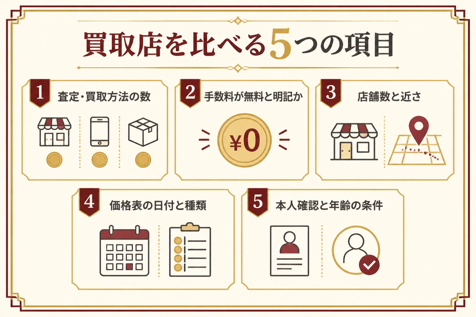 外国金貨の買取店を比べる時に見る項目の図解