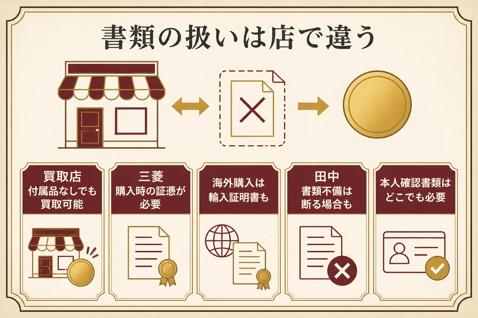 金貨の書類の扱いを買取店と地金商で比べた図