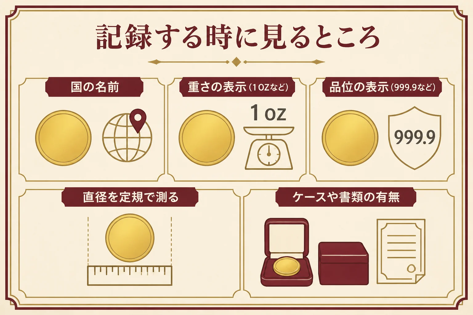 遺品の金貨を記録する時に見るところの図解