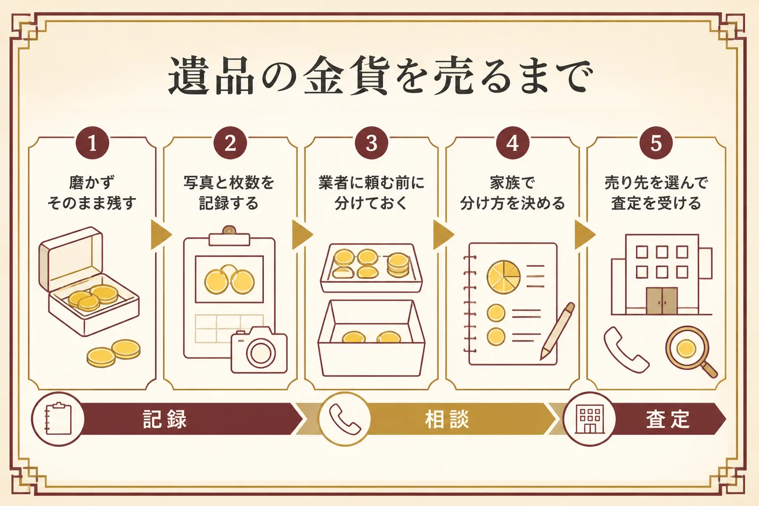 遺品の金貨を売るまでの流れの図解