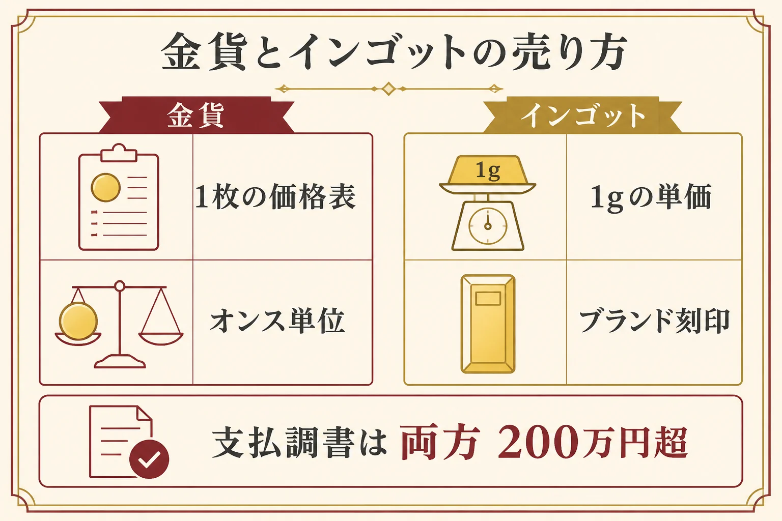 金貨とインゴットの売り方の違いを示した図解