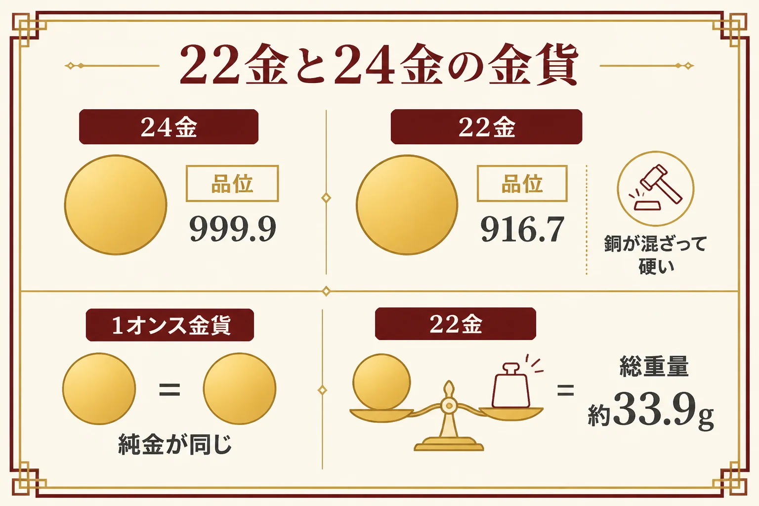 22金と24金の金貨の違いを示した図解