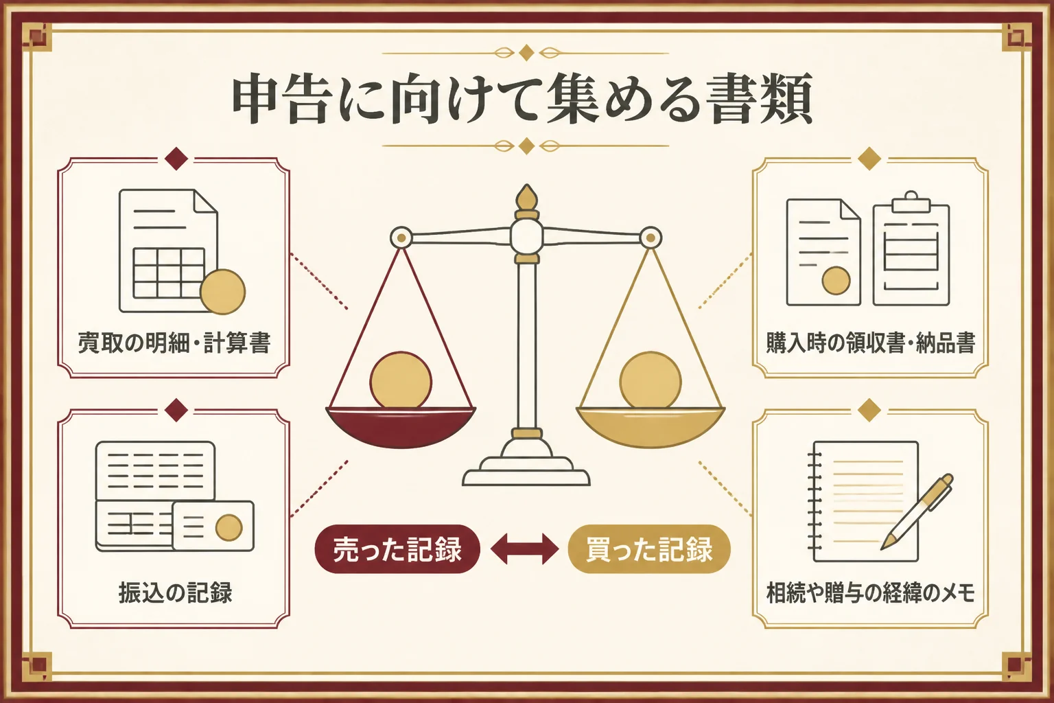 金貨の確定申告に向けて集める書類の図解