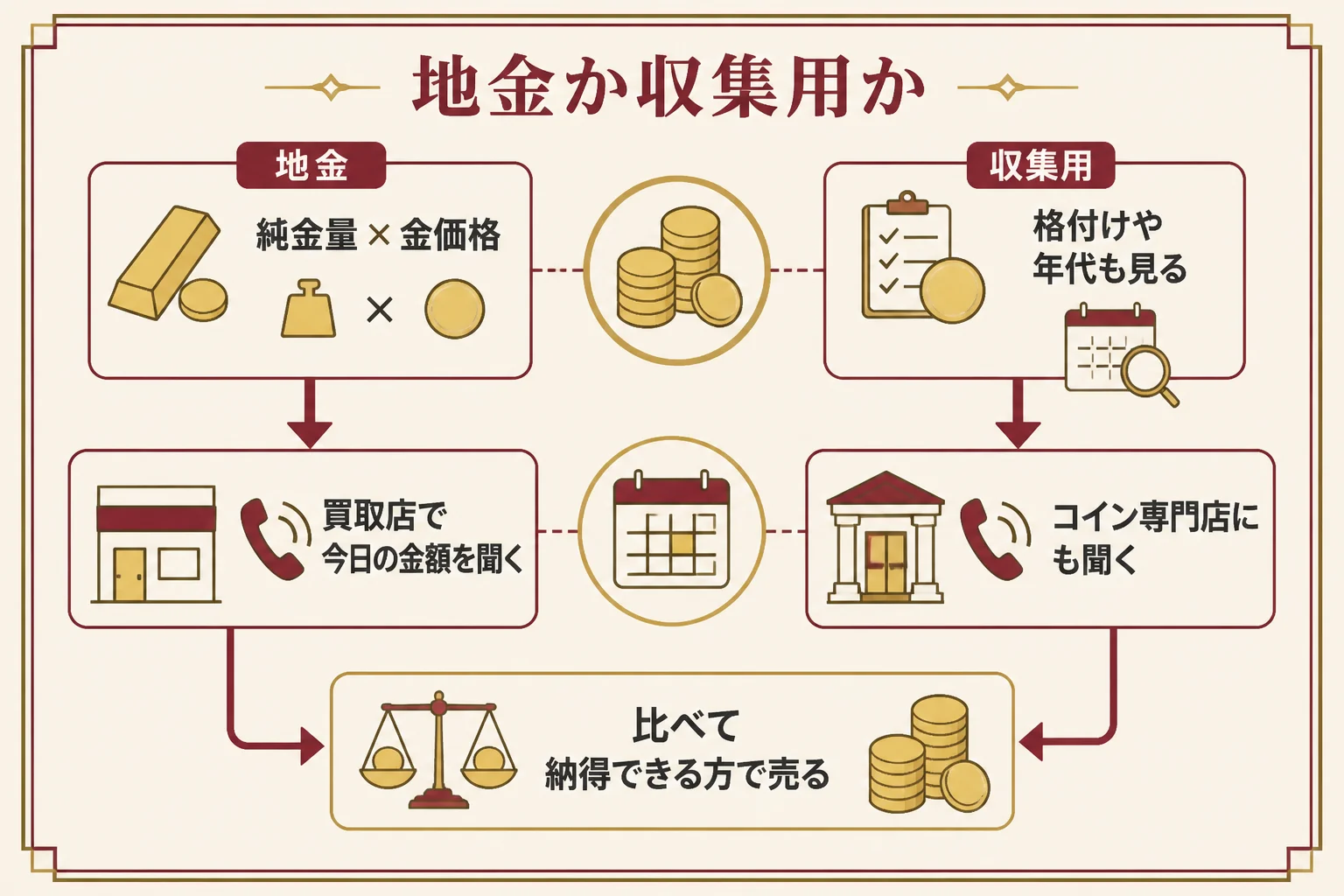 鑑定ケース入りの金貨を売る時の判断の流れの図解