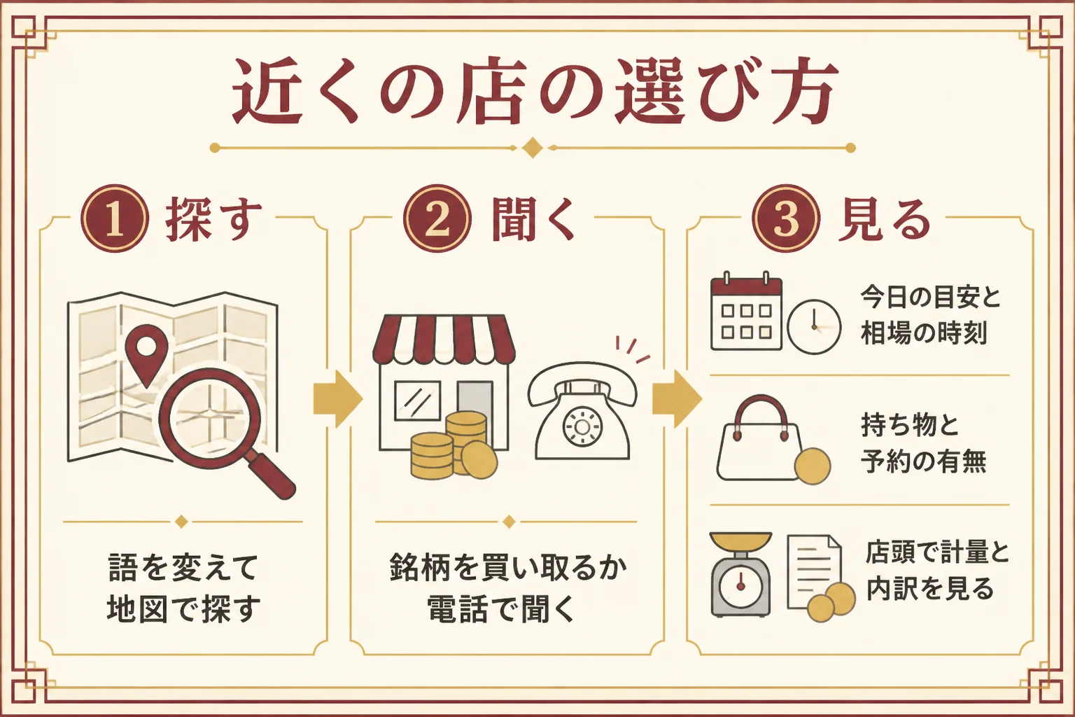 近くの金貨買取の店を探して選ぶ手順の図