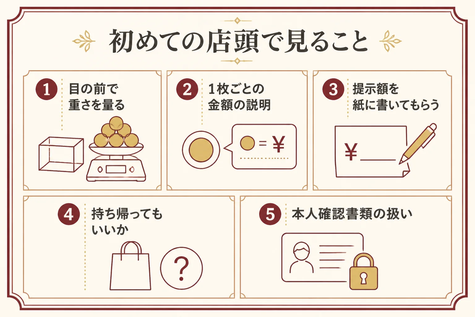 初めての金貨買取の店頭で確かめることをまとめた図