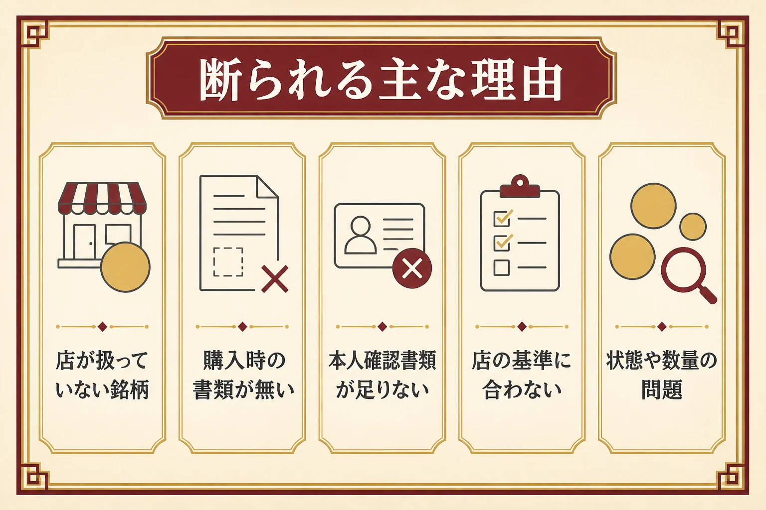 金貨の買取を断られる主な理由を示した図解