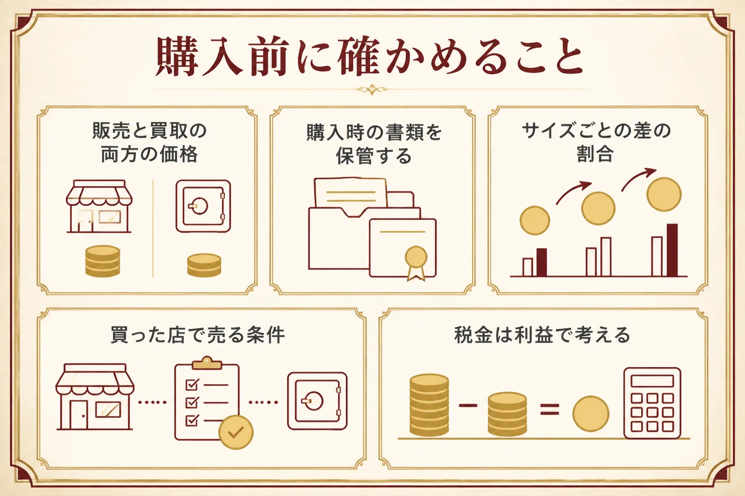 地金型金貨を購入する前に確かめることを示した図解