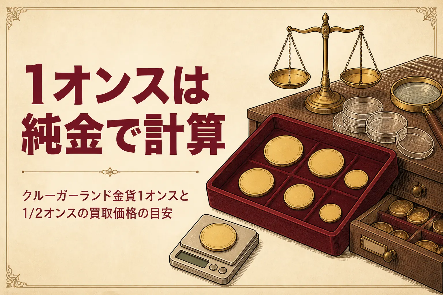 クルーガーランド金貨1オンスの買取価格を解説する記事のアイキャッチ