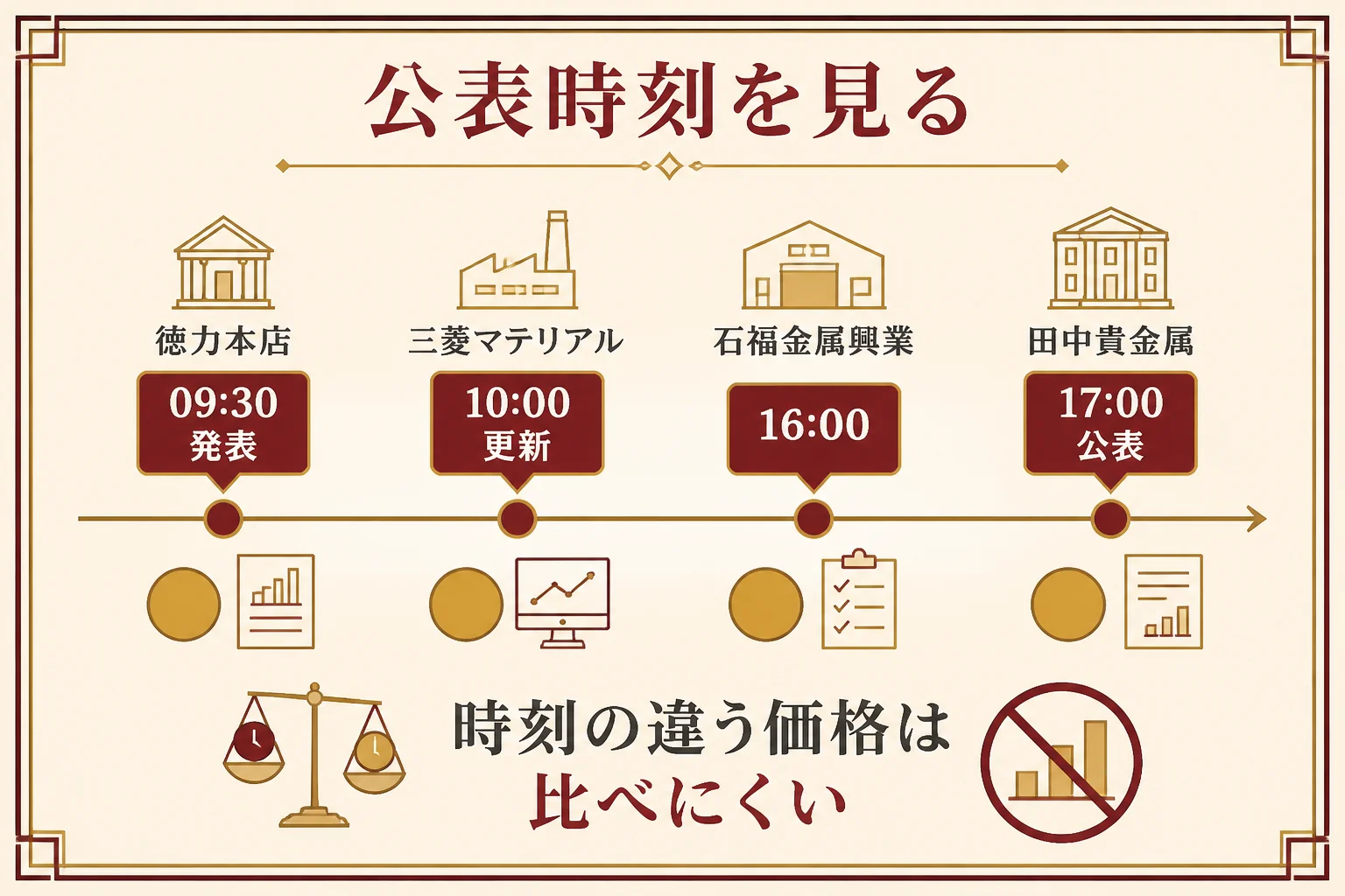 地金商ごとの公表時刻と価格の見方を示した図解