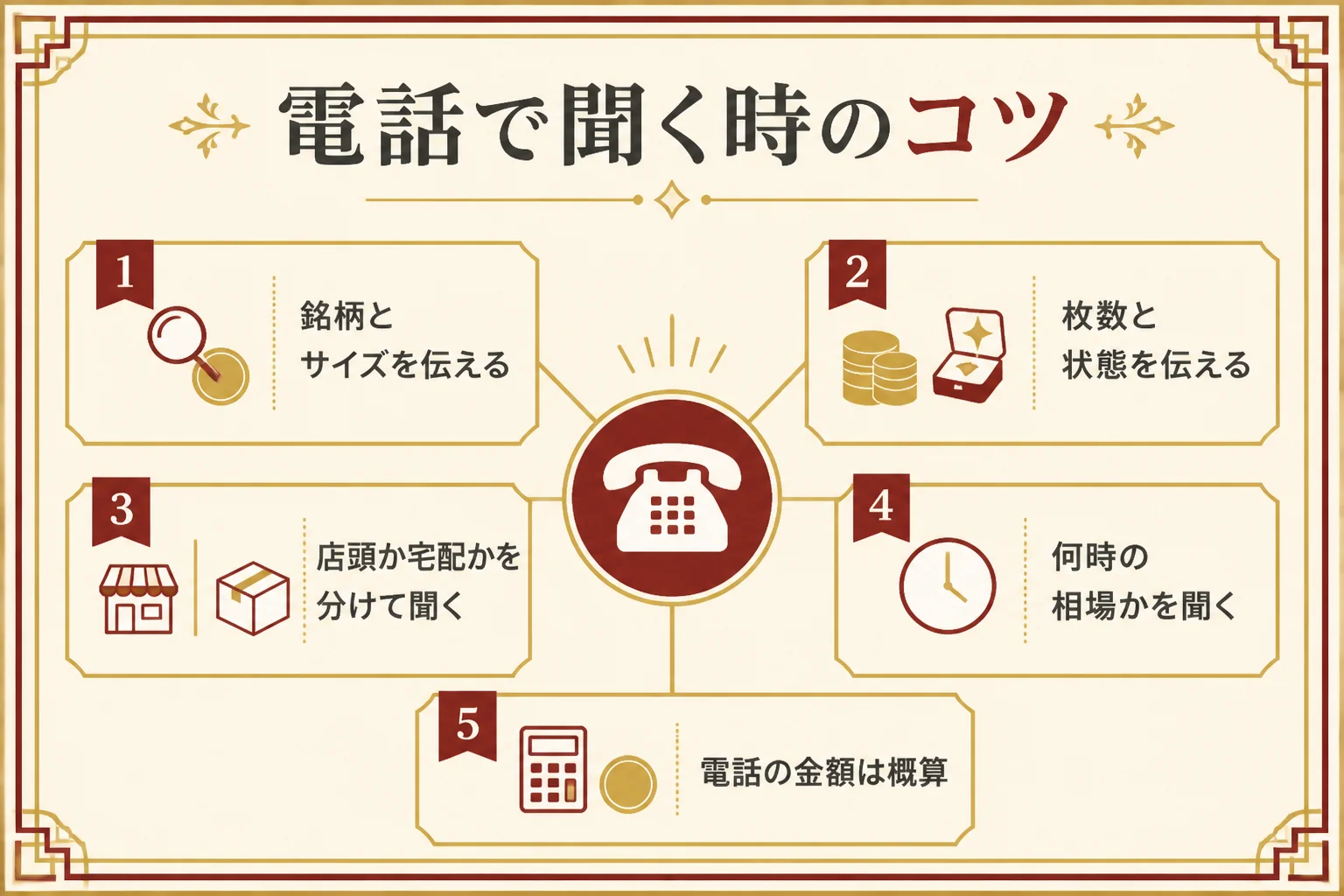 電話で今日の価格を聞く時のポイントを示した図解