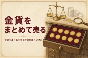 金貨をまとめて売る時の計算を表すアイキャッチ