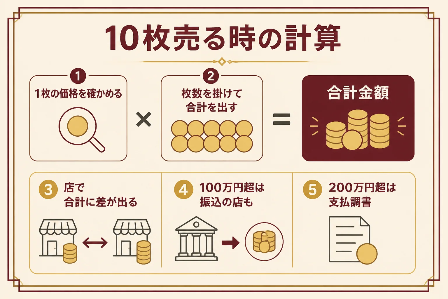 金貨をまとめて売る時の計算を示した図解