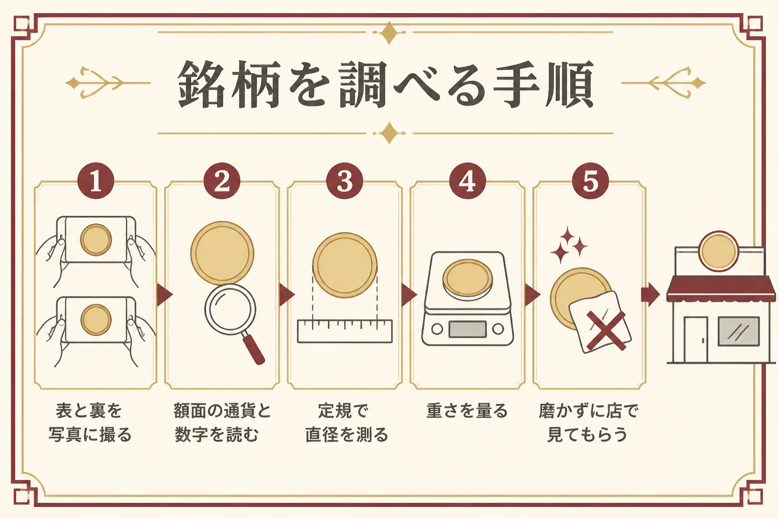 外国金貨の銘柄を調べる手順を示した図解