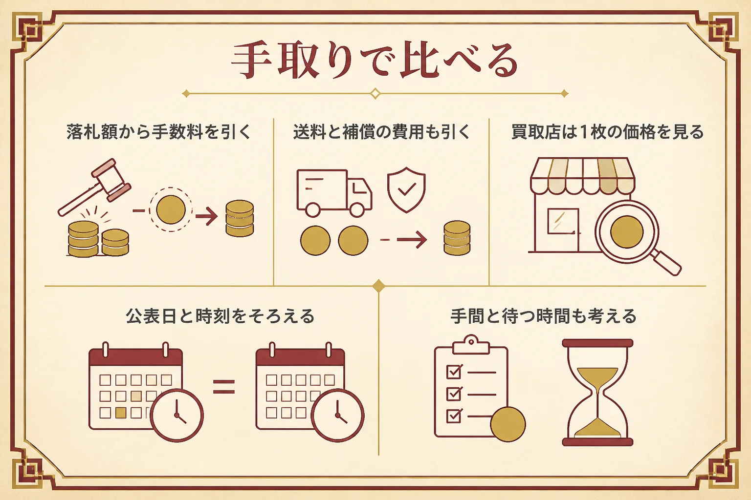 ヤフオクと買取店の手取りを比べる計算式の図