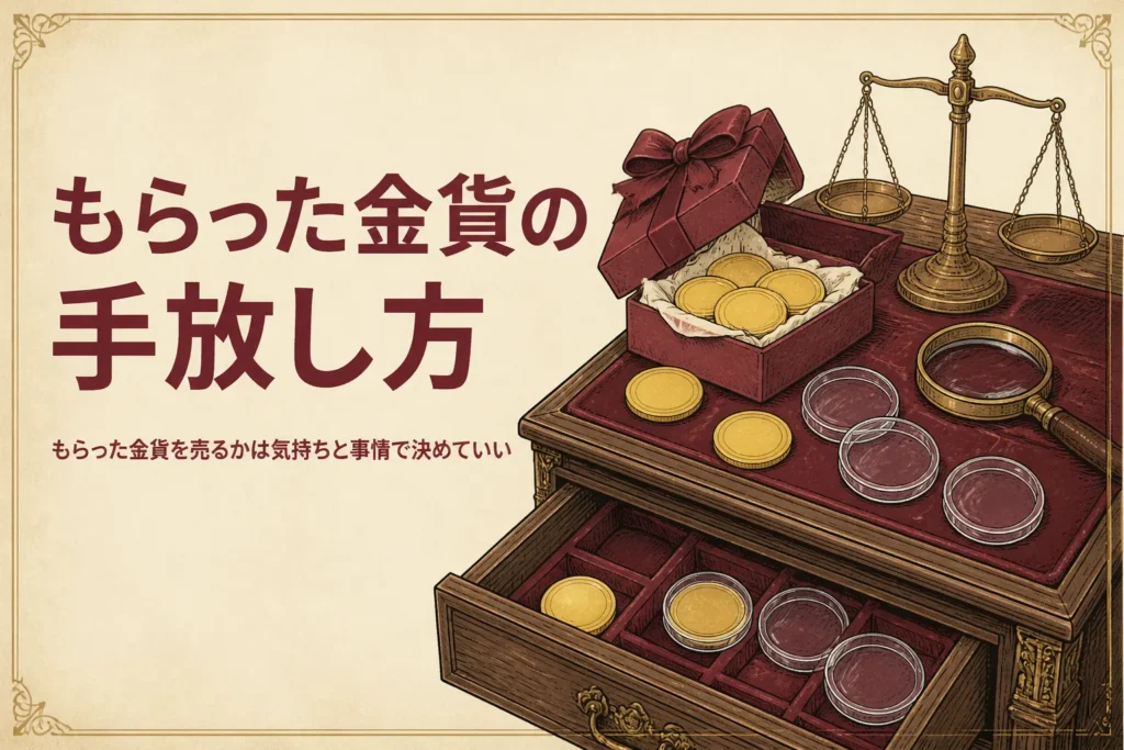 もらった金貨を売るか迷う気持ちを表すアイキャッチ