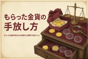 もらった金貨を売るか迷う気持ちを表すアイキャッチ