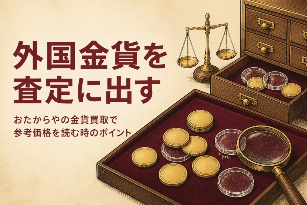 おたからやで外国金貨を売る時のポイントを解説する記事のアイキャッチ