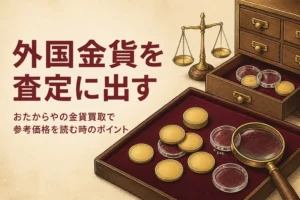 おたからやで外国金貨を売る時のポイントを解説する記事のアイキャッチ
