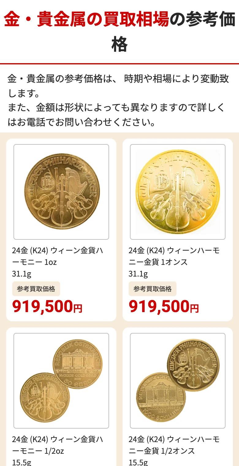 おたからやのウィーン金貨の参考買取価格(過去の実績)の表