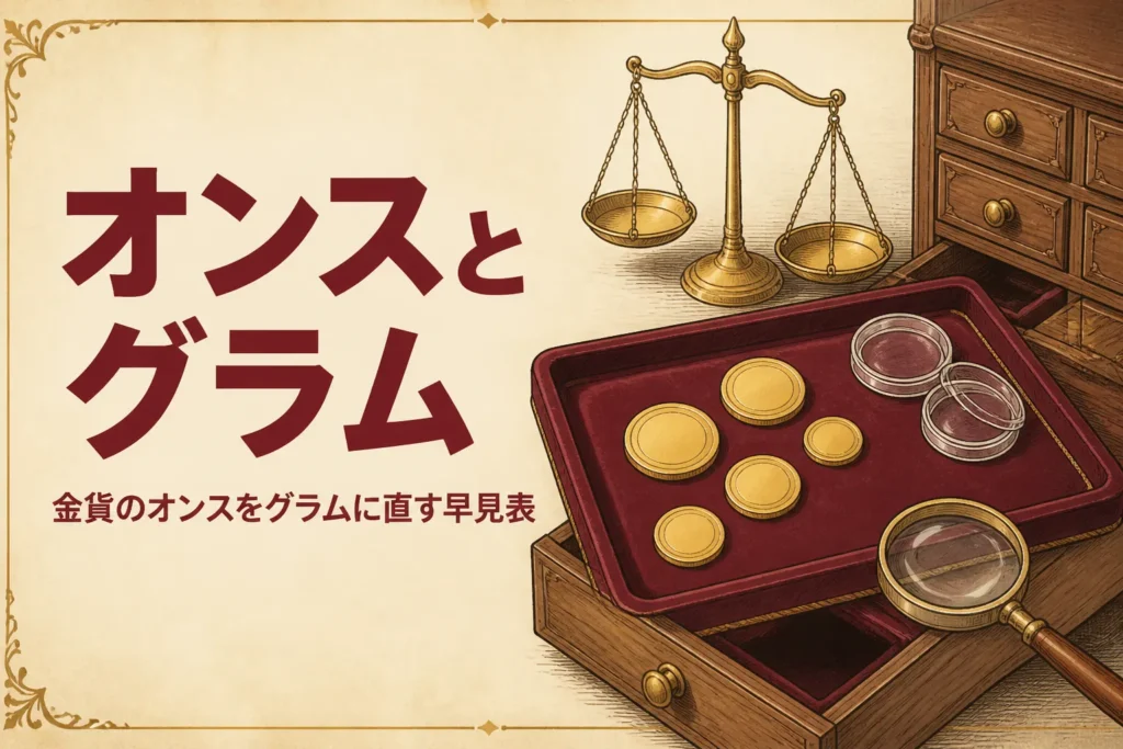 金貨のオンスとグラムの早見表を表すアイキャッチ