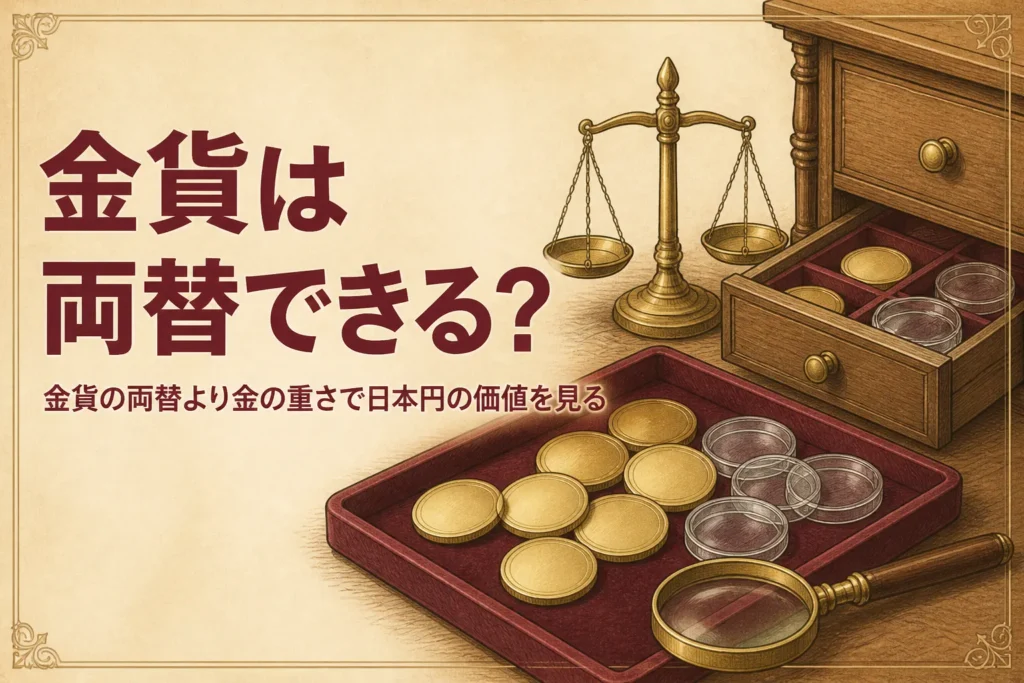 金貨の両替と日本円での価値を表すアイキャッチ
