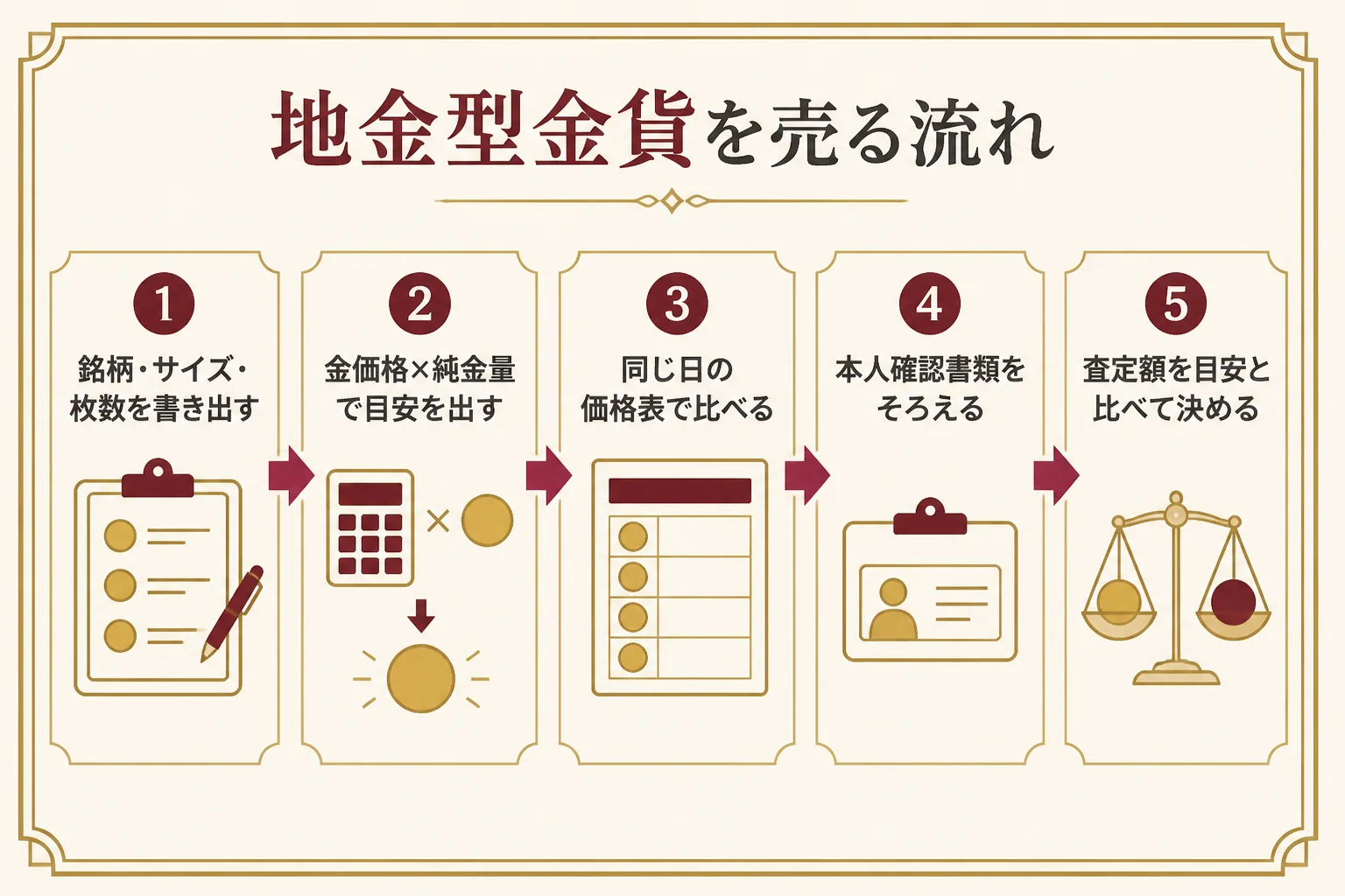 地金型金貨を売るまでの流れを5つの手順で示した図解