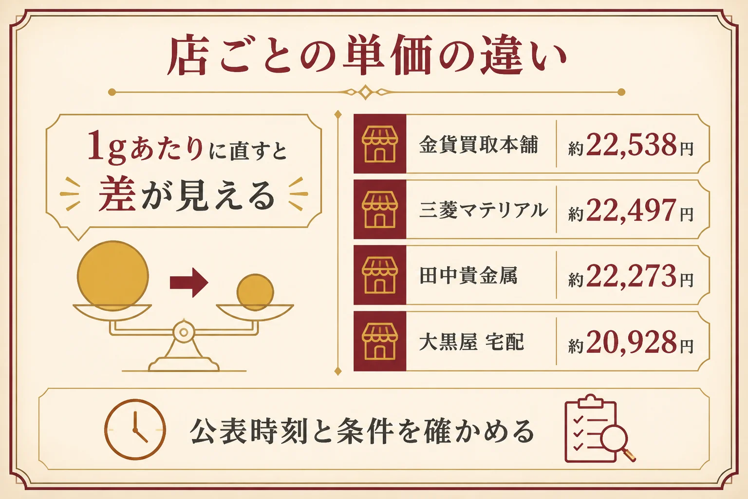 店ごとの金貨の買取単価の違いを示した図解
