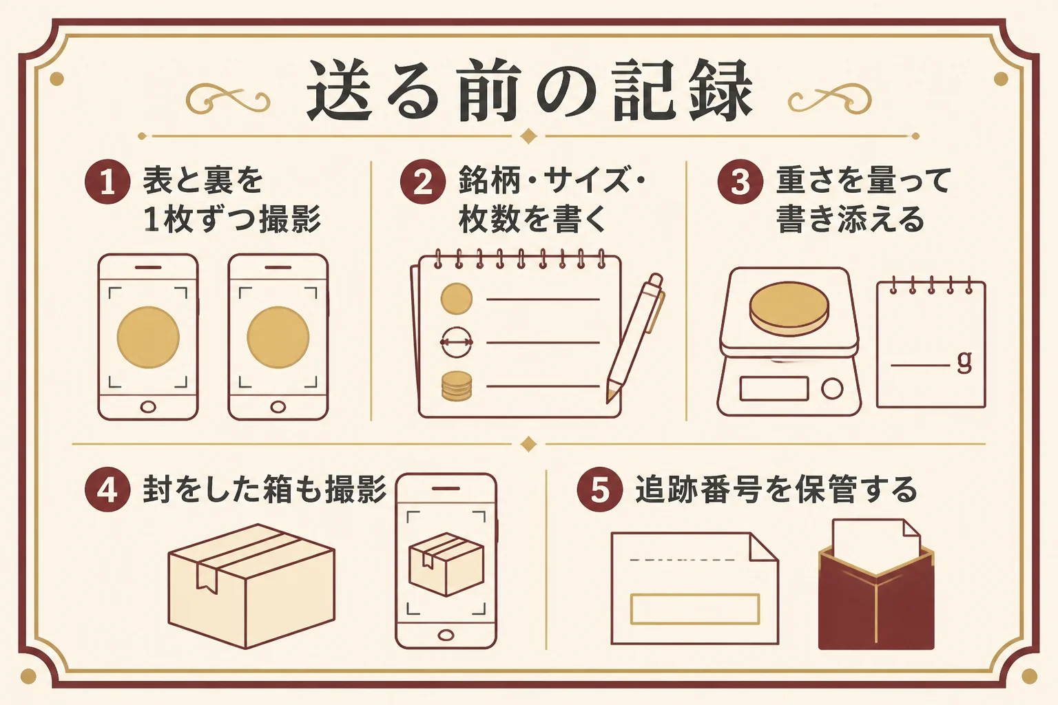 金貨を宅配で送る前に記録することをまとめた図