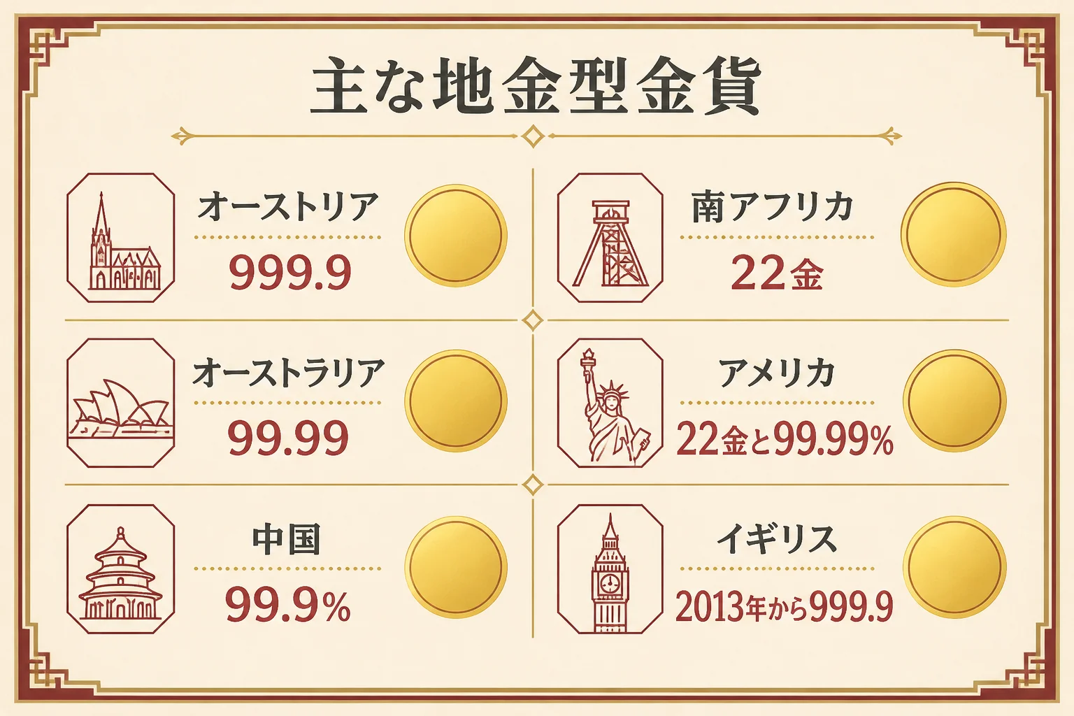 主な地金型金貨の発行国と品位をまとめた図解