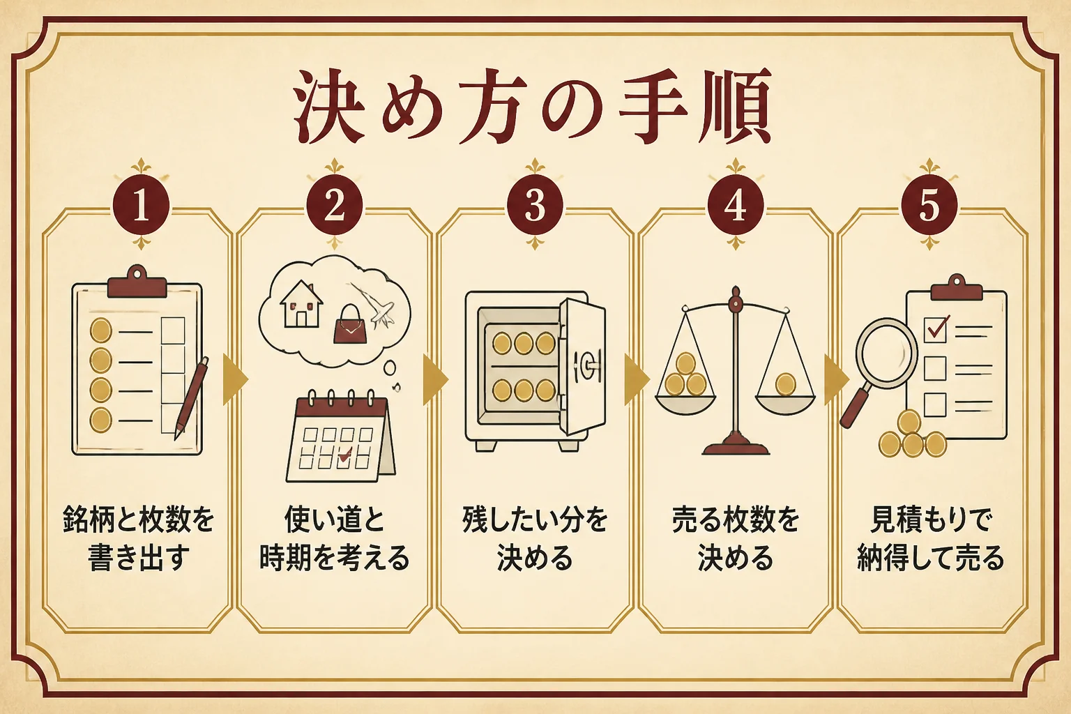 金貨を売るか持つかの決め方の手順を示した図解