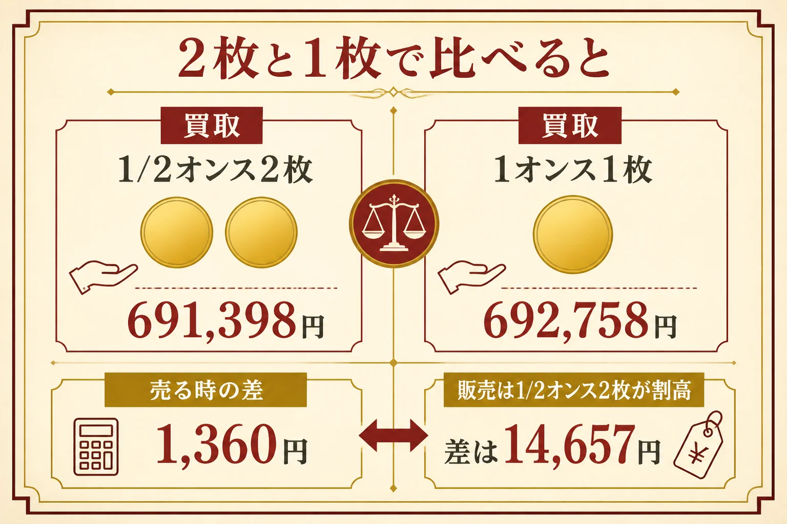 ウィーン金貨1/2オンス2枚と1オンス1枚の価格を比べた図解